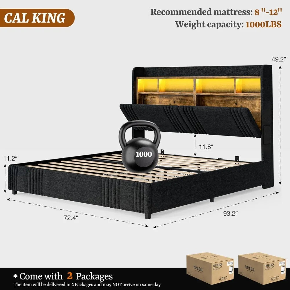 California King Bed Frames with Hidden Storage Headboard & 4 Drawers, 49.2” Tall Upholstered Wingback Headboard with LED Lights
