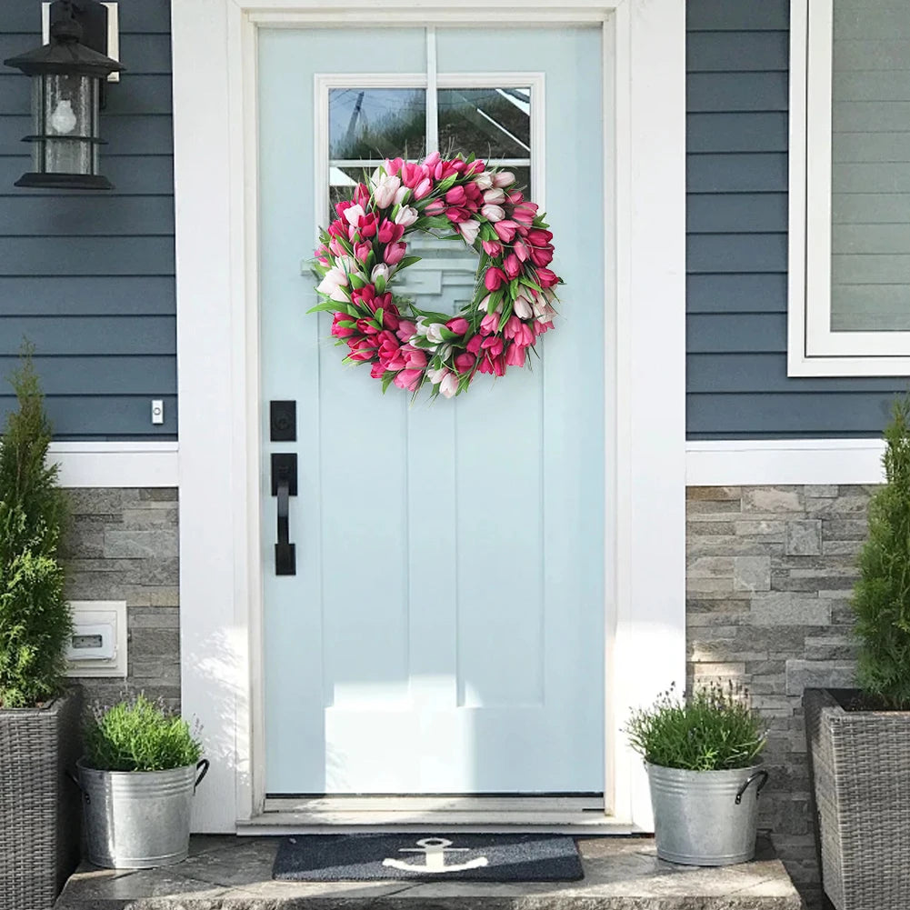 15.7inch Tulip Wreath for Front Door Spring Wreath Artificial Flower Wreath with Tulips for Wall Window Party Wedding Decor