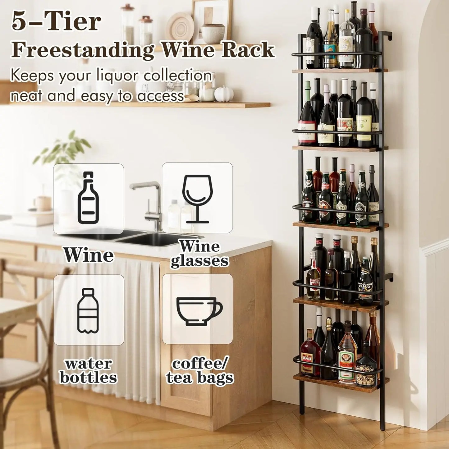 5-Tier Wall Mounted Wine Rack with Fences, Freestanding Floor Holder for 50 Bottles, Brown Cabinet for Home Kitchen Dining Room