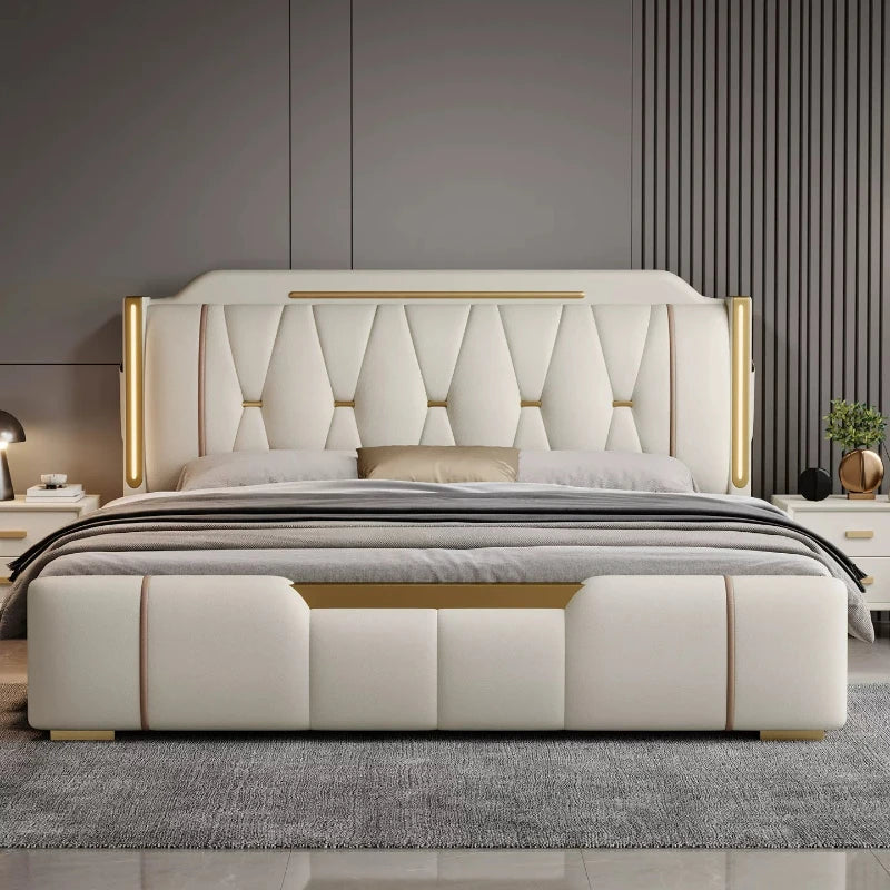 200x220cm Headboard King Bed 2 People Queen Size Storage Frame Master Bedroom Furniture Modern Luxury Double Bed Nappa Leather