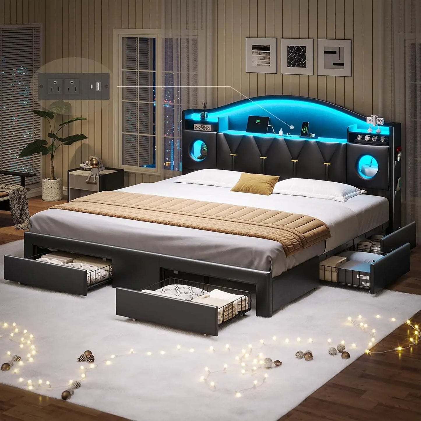 Cal King Bed Frame Storage Headboard 6 Drawers LED Lights Charging Station Noise-Free Easy Assembly PU Customized