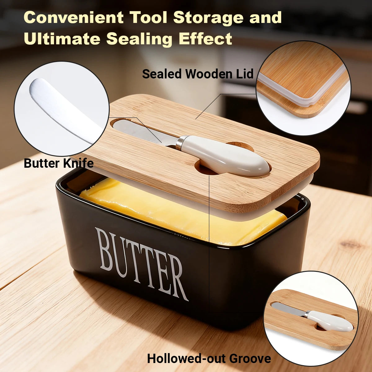 Ceramic Butter Dish With Bamboo Lid Built In Knife And Butter Keeper