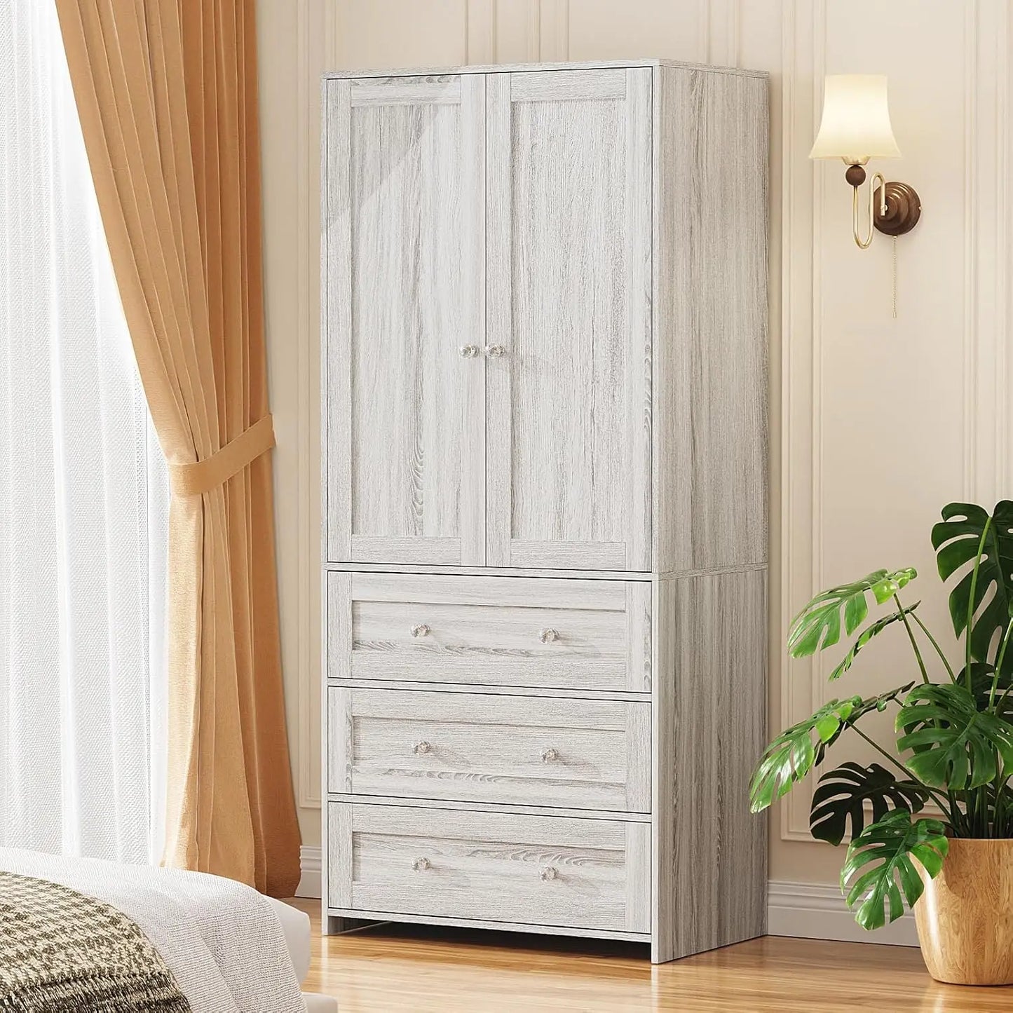 Armoire Wardrobe Closet with Drawers and Mirror, 71" Clothing Storage Cabinet with Hanging Rod, 2 Doors Wooden, Customized