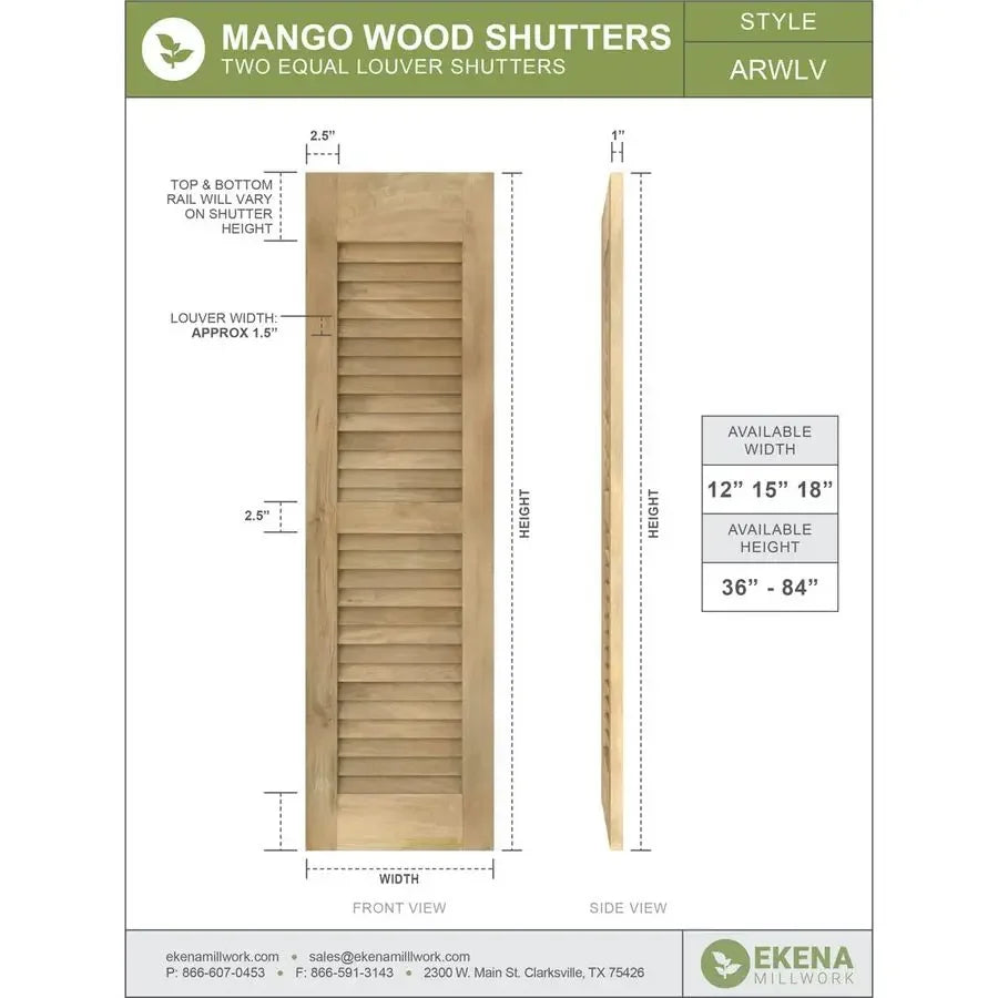x 48H Americraft Two Equal Louver Exterior Real Wood Shutters Per Pair, Unfinished