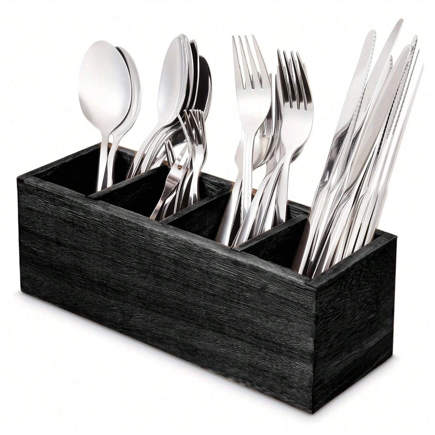 Wood Cutlery Caddy Kitchen Utensil Organizer with 4 Compartments Silverware Storage Kitchen Countertop Flatware Organizer