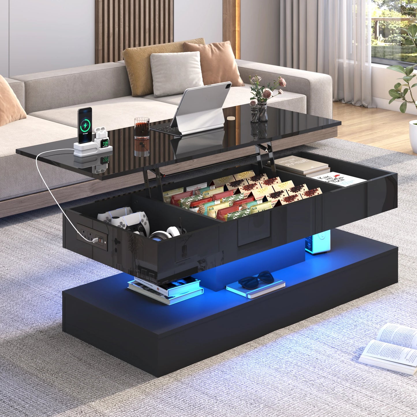 QiaoShiRen Modern LED Coffee Table With Open Display Shelf