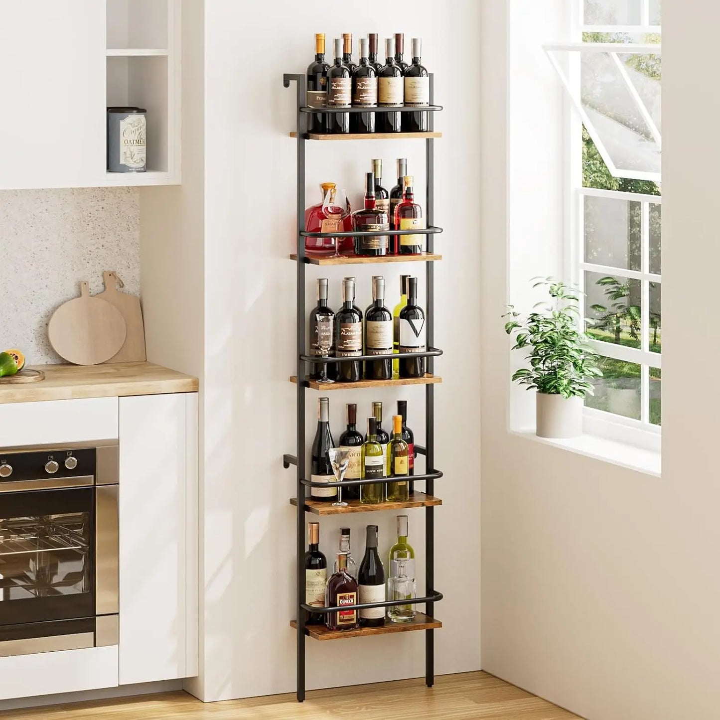 5-Tier Wall Mounted Wine Rack with Fences, Freestanding Floor Holder for 50 Bottles, Brown Cabinet for Home Kitchen Dining Room