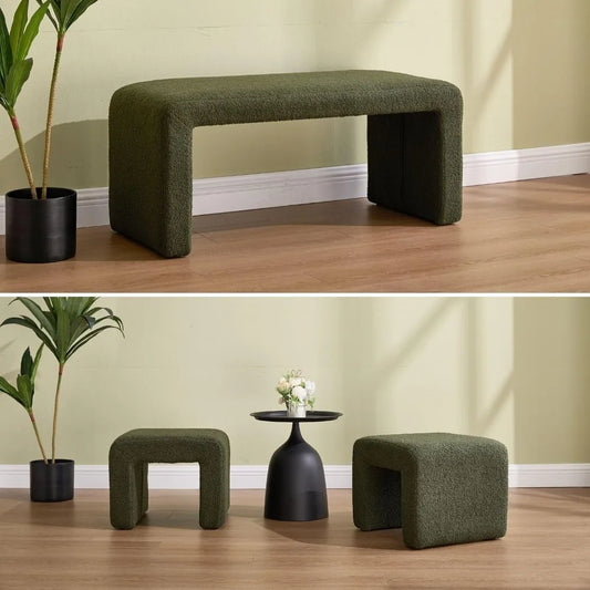 Three Piece Nesting Ottoman Bench Set Sherpa Upholstered