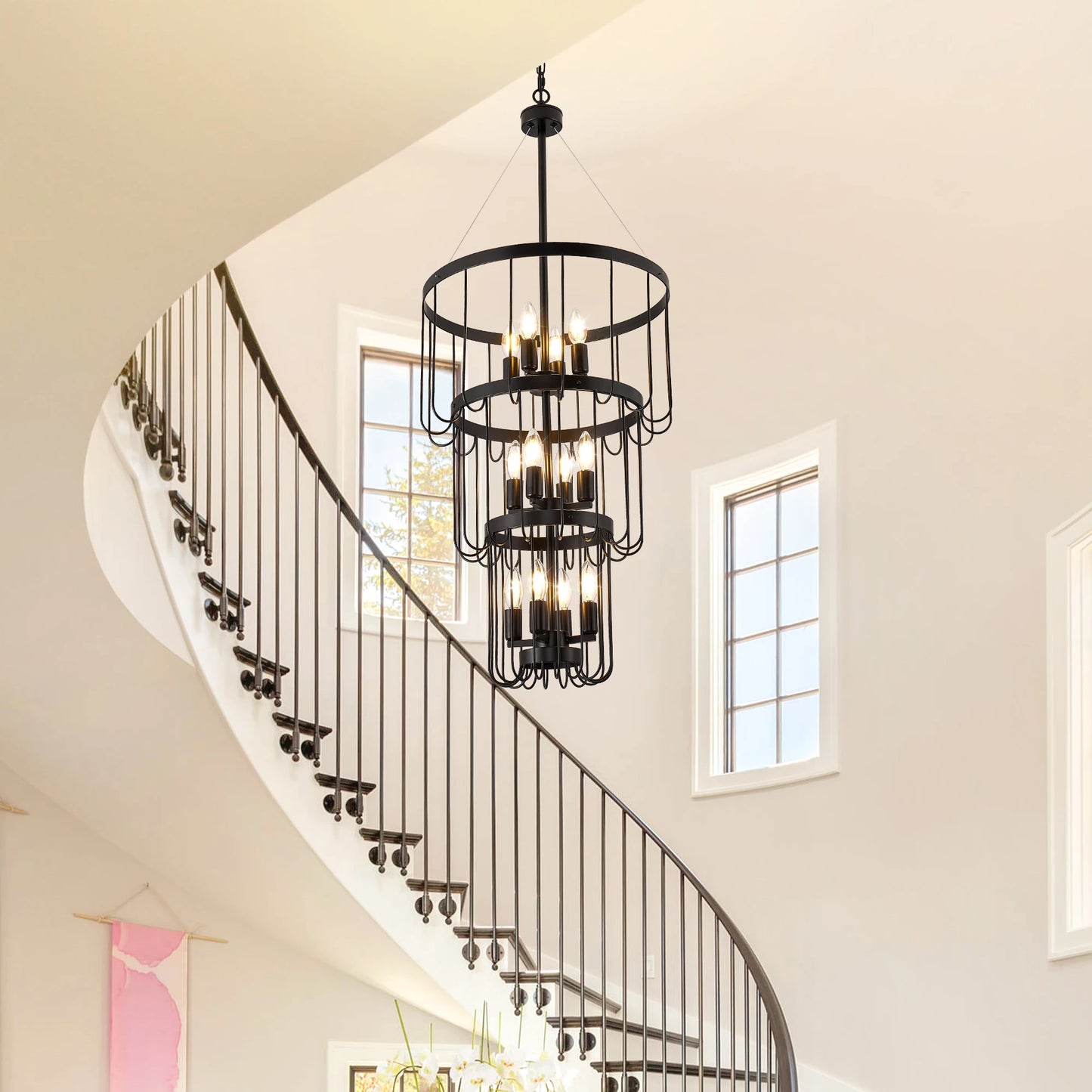 Farmhouse Lantern Tiered Chandelier for Foyer LED Lighting