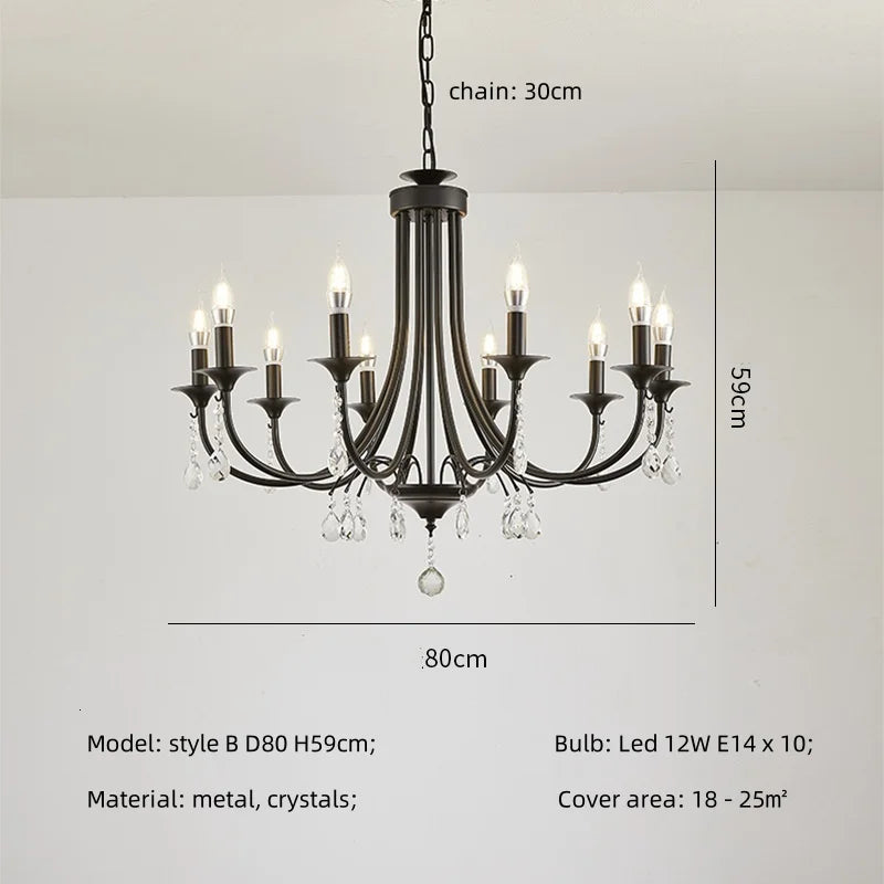 American Black Metal E14 Led Chandelier Living Room Crystal Hanging Lamp Art Decor Home Lighting Led Lamparas Luminarias