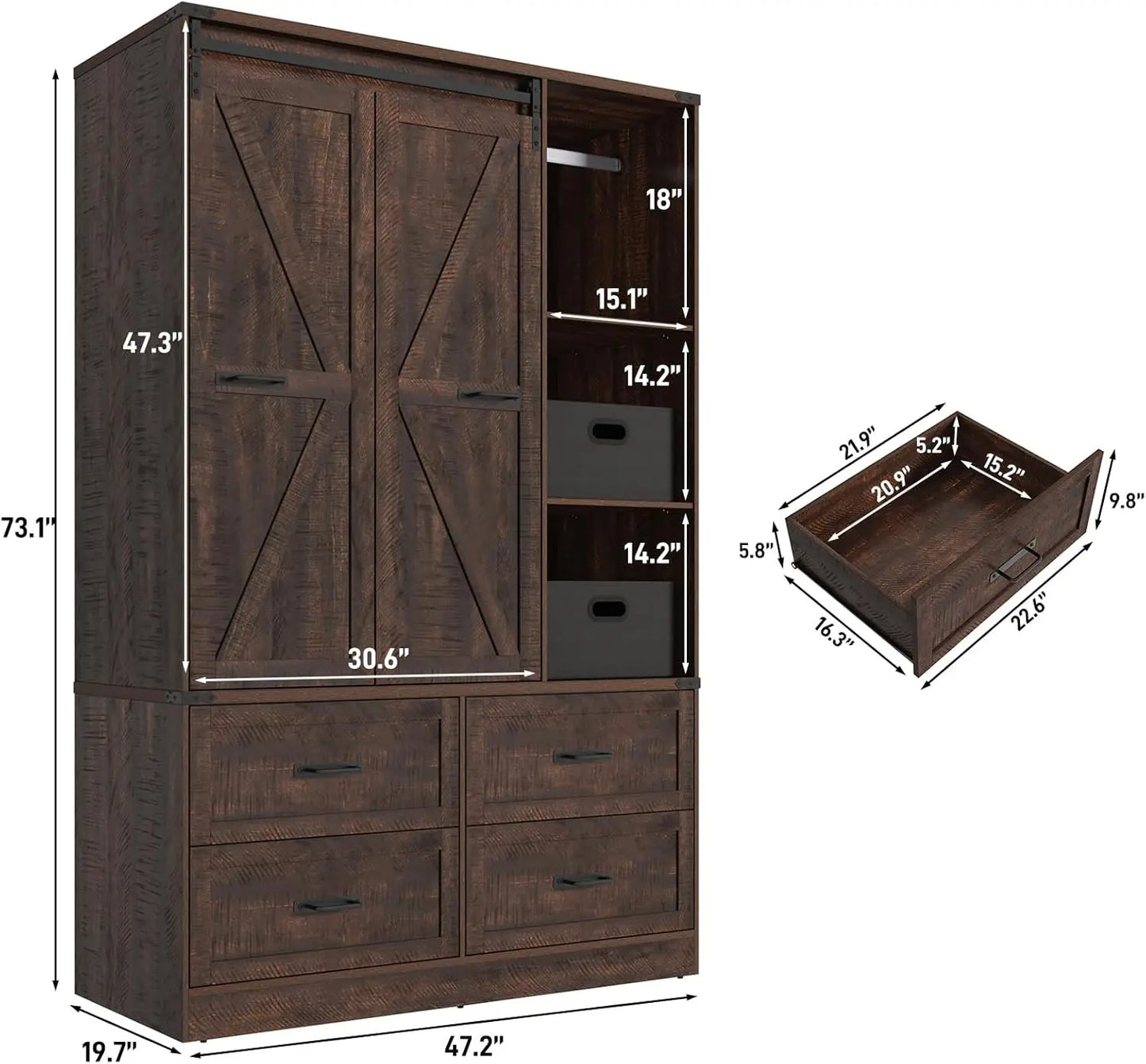 Farmhouse 3-Door Armoire With Sliding Barn Door LED Lighting Drawers