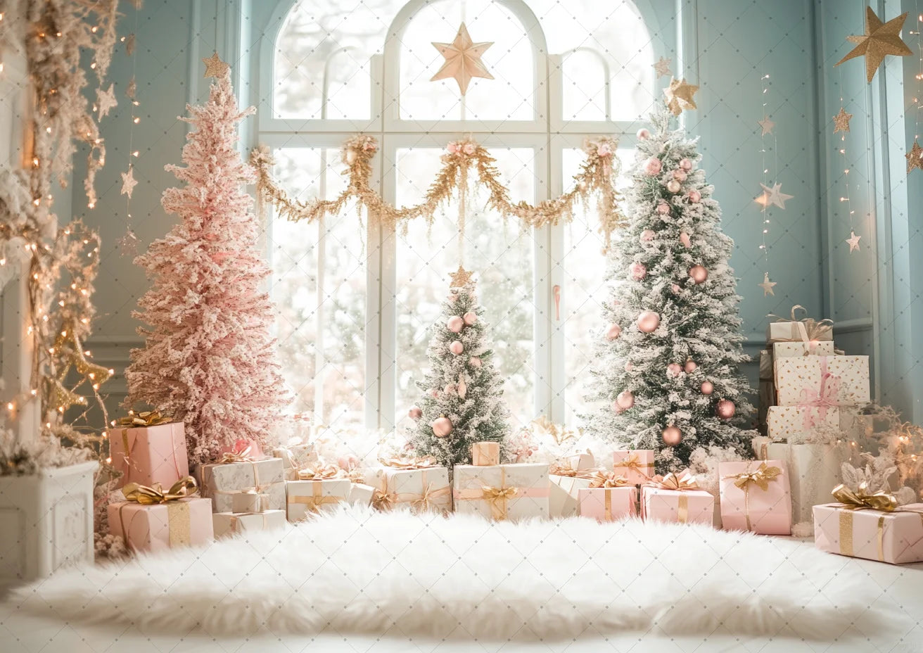 Photography Backdrop Christmas Trees Stars Newborn Birthday Portrait Window Tulle Curtains Gift Decor Photo Background