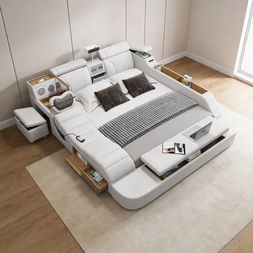 King/Queen Size Genuine Leather Bed, Modern Tech Smart Bed with Projector,USB, Speaker, Luxury Multifunction Bed, All In One Bed