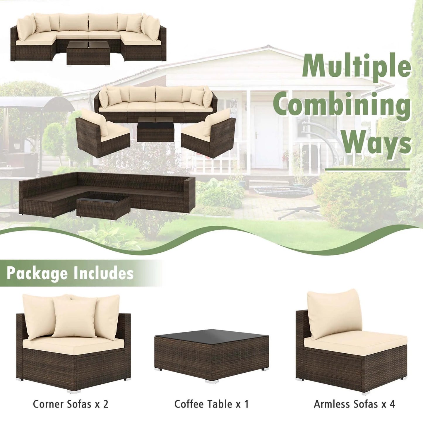7 Pcs Patio Rattan Furniture Set Cushioned Sectional Sofa