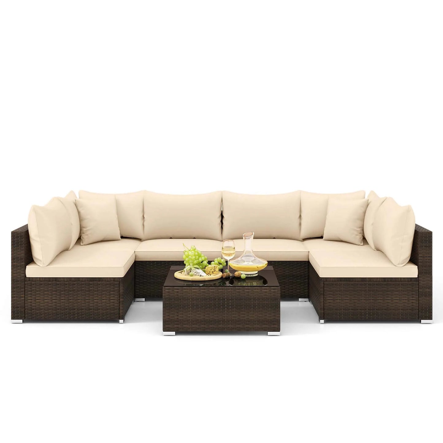 7 Pcs Patio Rattan Furniture Set Cushioned Sectional Sofa