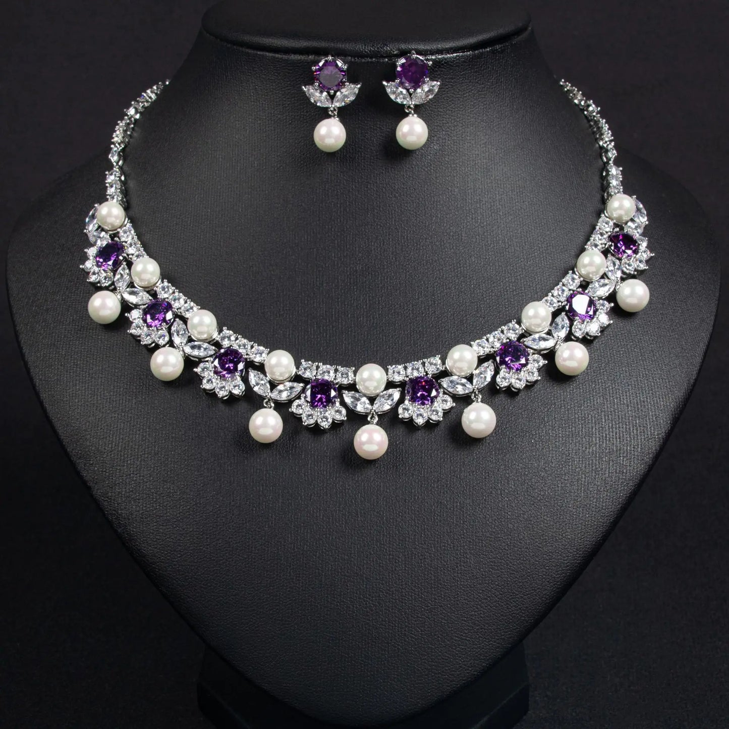 HIBRIDE Pearl Zirconia Ladies Jewelry Necklace Earrings Set