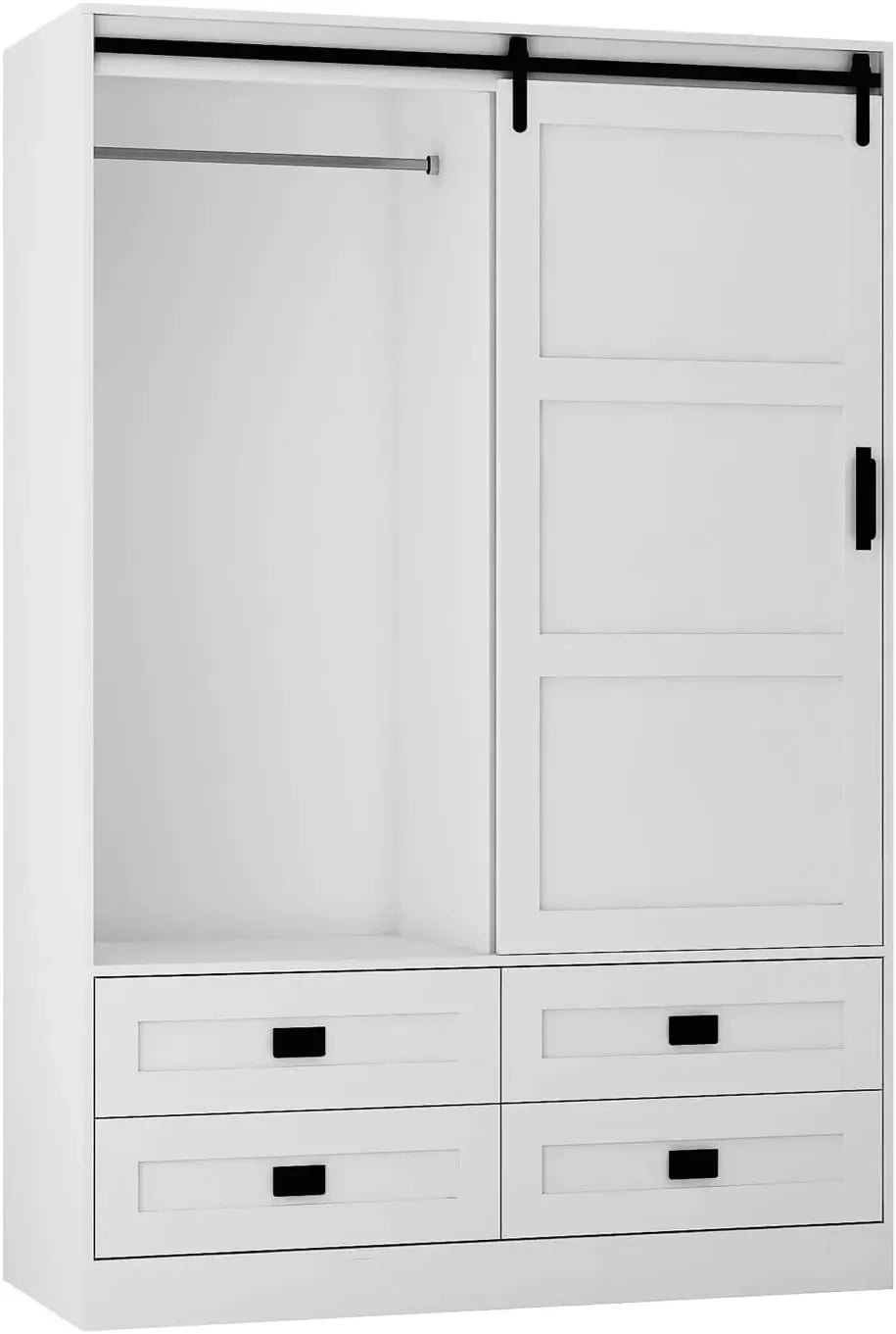 Freestanding Wooden Armoire Wardrobe With Sliding Barn Door And Drawers