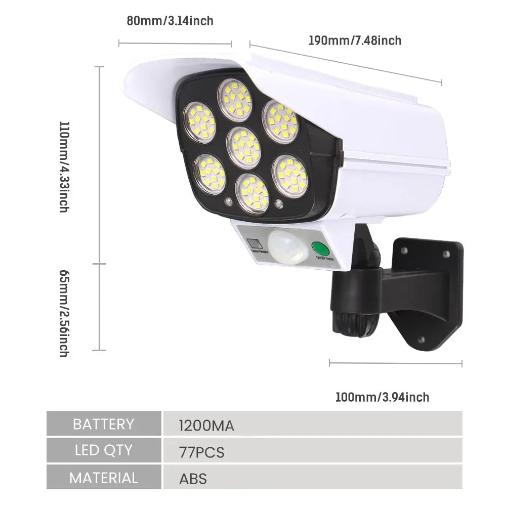 IWPI 77 LED Motion Sensor Solar Flood Light Decoy Camera