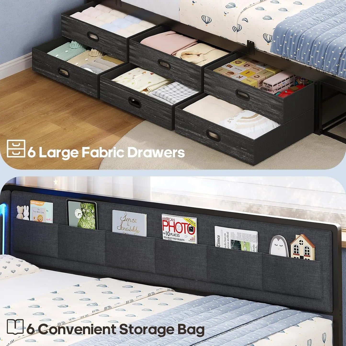 Full Corner Bed Frame with 8 Drawers, 6 Storage Pockets, Full Daybed with Storage and RGB Wave Lights, Platform Bed with L-Shape