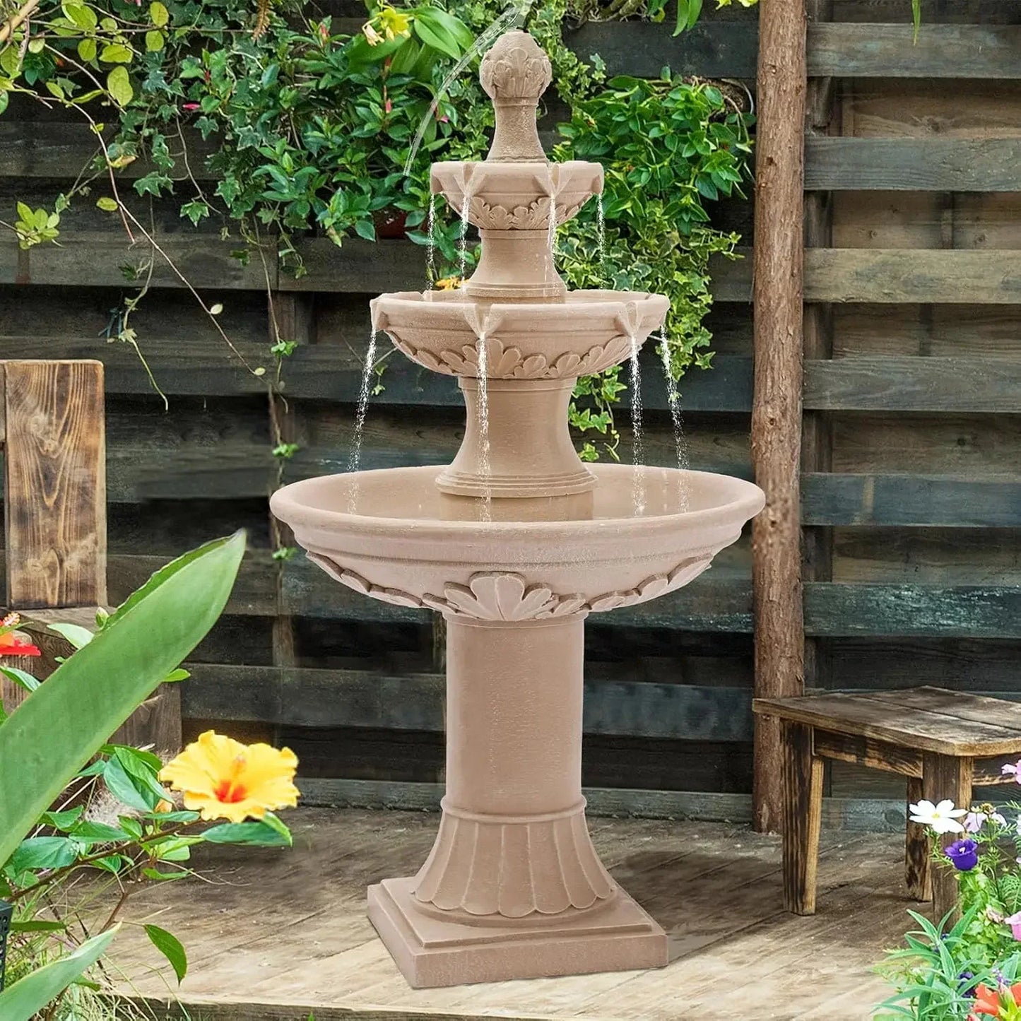 BestsellerOutdoor Fountains and Waterfalls, 48.4" H Bubbler Floor Waterfall Fountain with Pineapple Top and Pump, 3 Tiered Garde