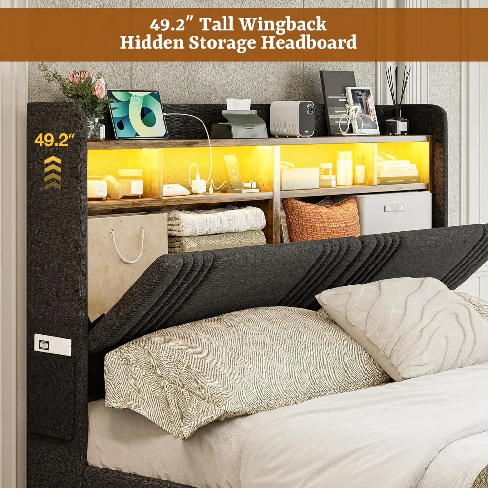 California King Bed Frames with Hidden Storage Headboard & 4 Drawers, 49.2” Tall Upholstered Wingback Headboard with LED Lights