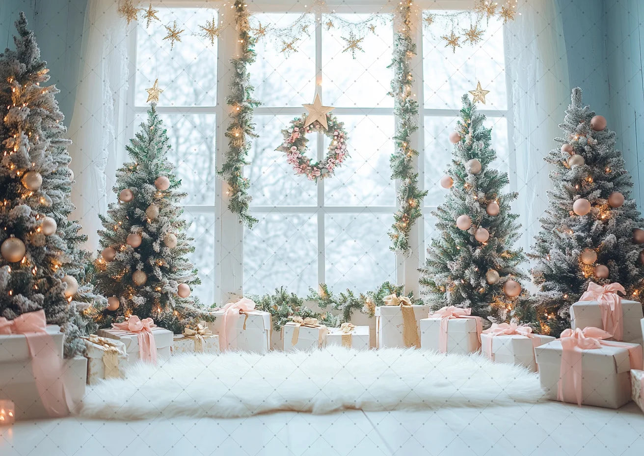 Photography Backdrop Christmas Trees Stars Newborn Birthday Portrait Window Tulle Curtains Gift Decor Photo Background