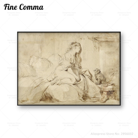 A Woman with Here Faithful Dog Vintage Poster French Wall Art Decor Canvas Print Retro Etching Sketch Print Dog Home Decor Gift