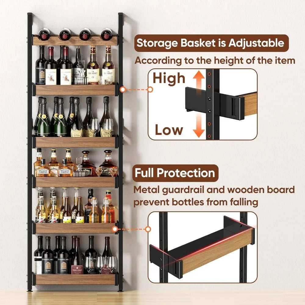 6-Tier Wall Mounted Wine Rack With Metal And Wood Shelves