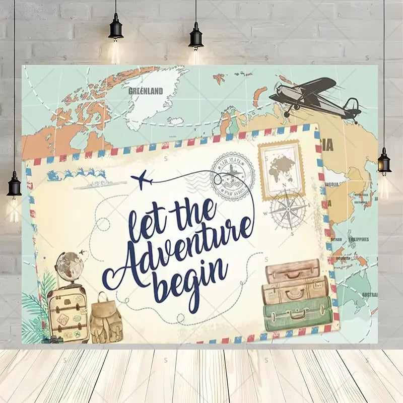Let The Adventure Begin World Airplane Graduation Backdrop