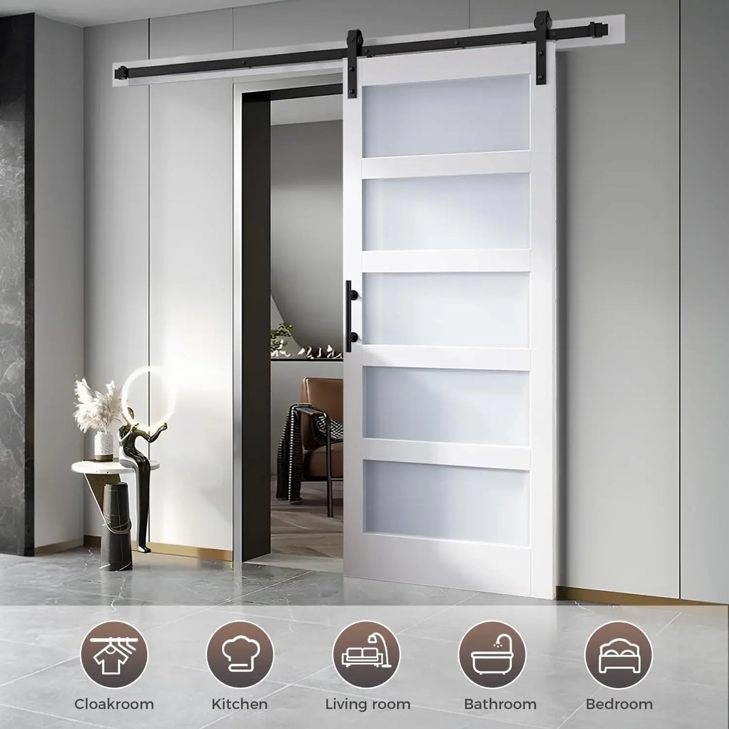 Hot sales36x84 Inch Frosted Glass Sliding Barn Door with Hardware Kit, Waterproof PVC Surface, Easy DIY Assembly