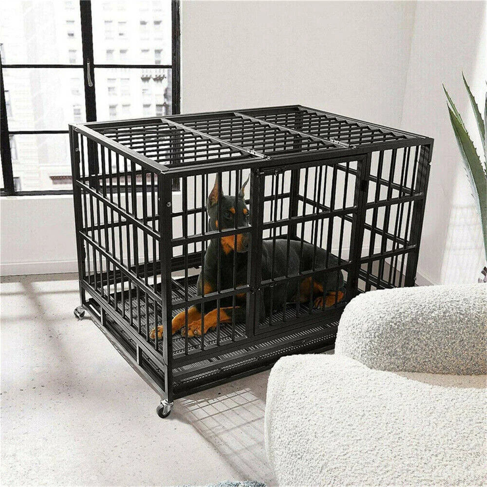 BORWARTH Iron Heavy Duty Dog Crate with Lockable Wheels Tray