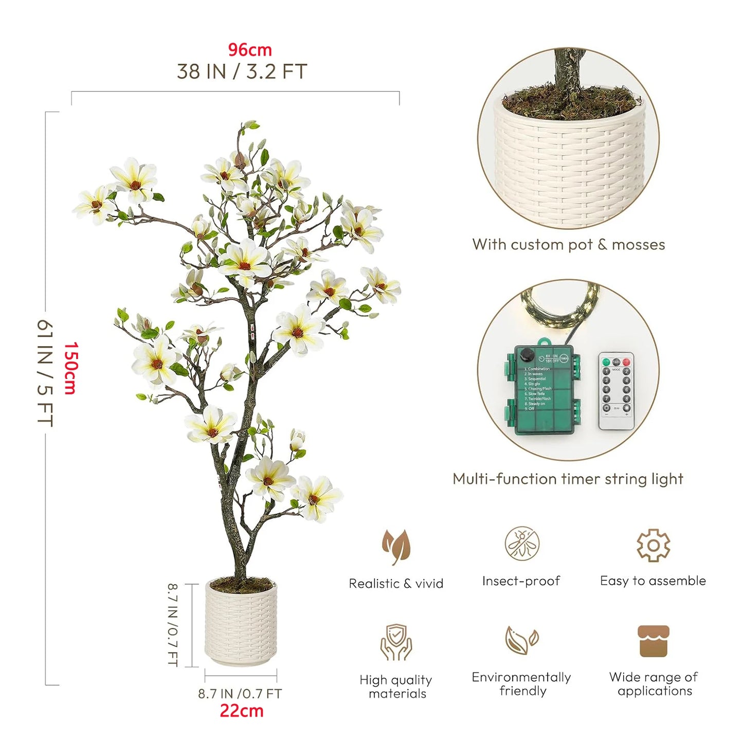 Artificial Magnolia Plant With LED Light For Outdoor Decor