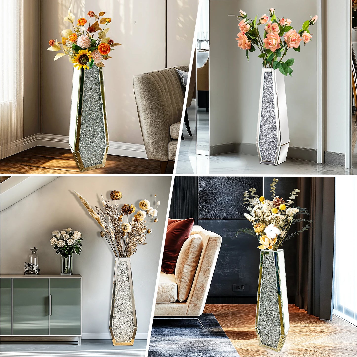 2 Shapes 68CM Crushed Diamond Decorative Mirrored Floor Vase Crystal Silver Glass Flower Vase for Pampas Grass Artificial Flower