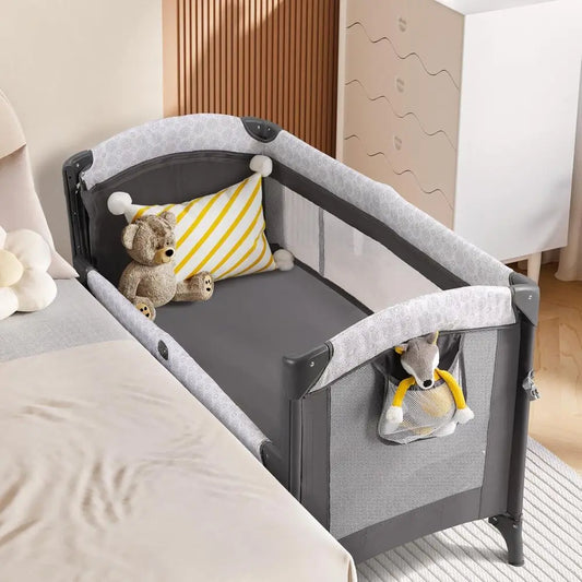 3-in-1 Mesh-Bed Baby Bassinet, Adjustable Sides, Mattress, Storage, Wheels, Travel Playpen Crib with Bag