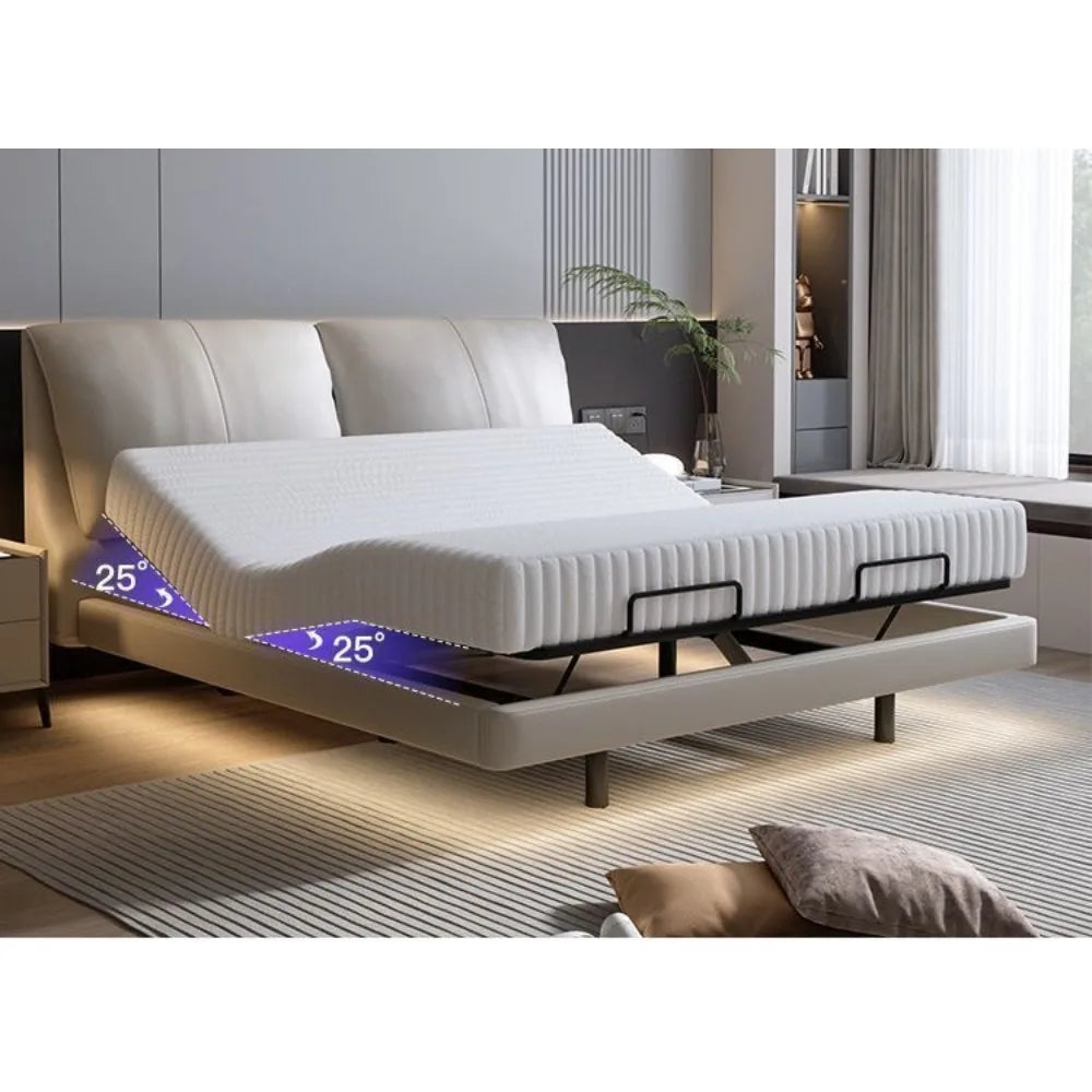 Smart Electric Bed with Floating Design Modern Luxury Genuine Leather Bed Frame Adjustable Lift King Size Bed for Master Bedroom