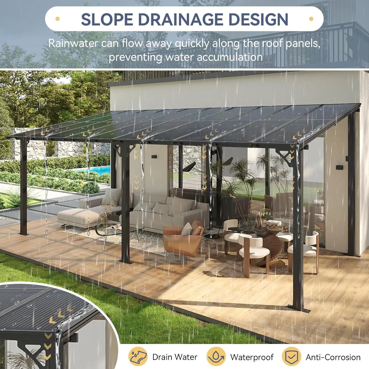 Lean to Gazebo, Hardtop Metal Gazebo Pergola with Polycarbonate Roof, Large Wall Mounted Heavy Duty Awnings,, Custom