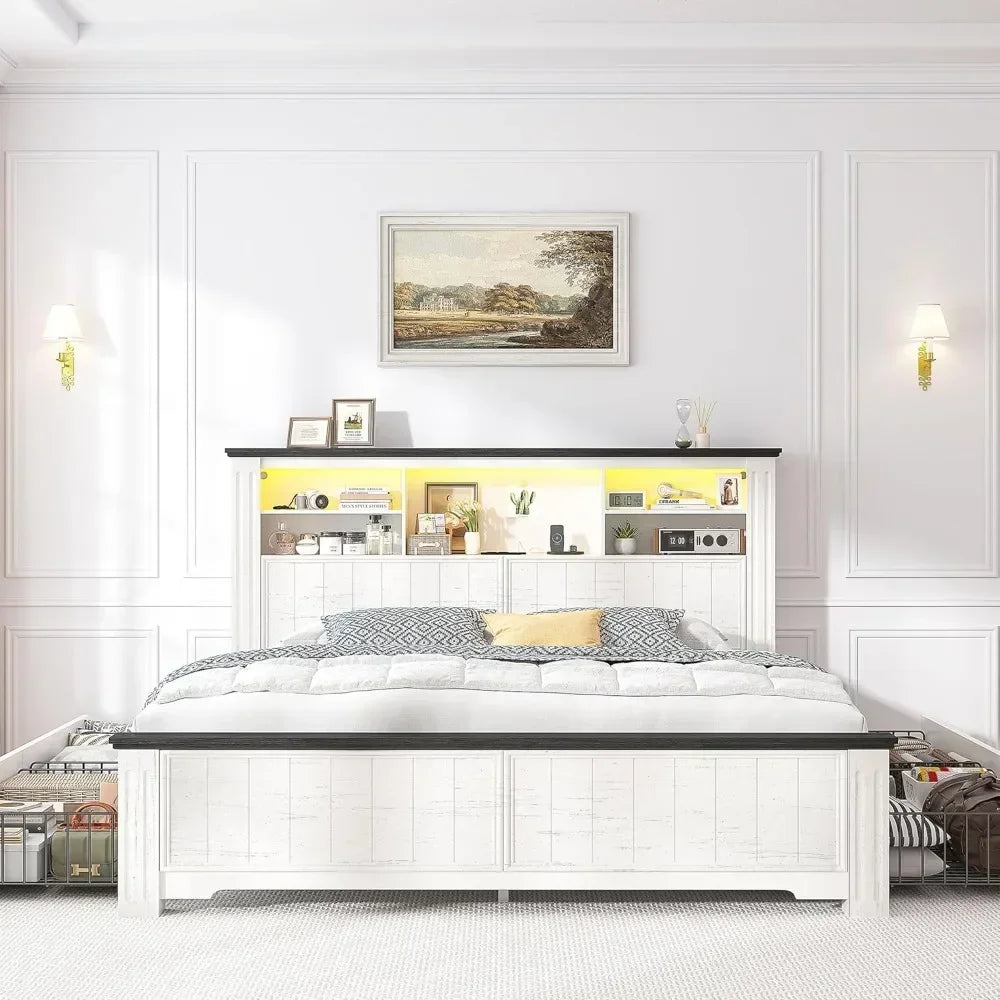 flash sale Bestsellerenhomee full size bed frame with headboard, full bed frame with 4 drawers charging port & led, farmhouse be