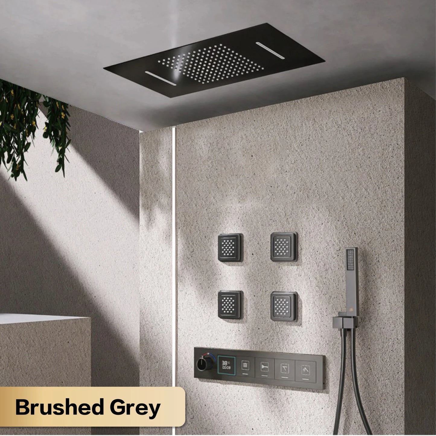 Gun gray brass ceiling constant temperature shower system embedded design LED digital display cold and hot water bathroom mixer