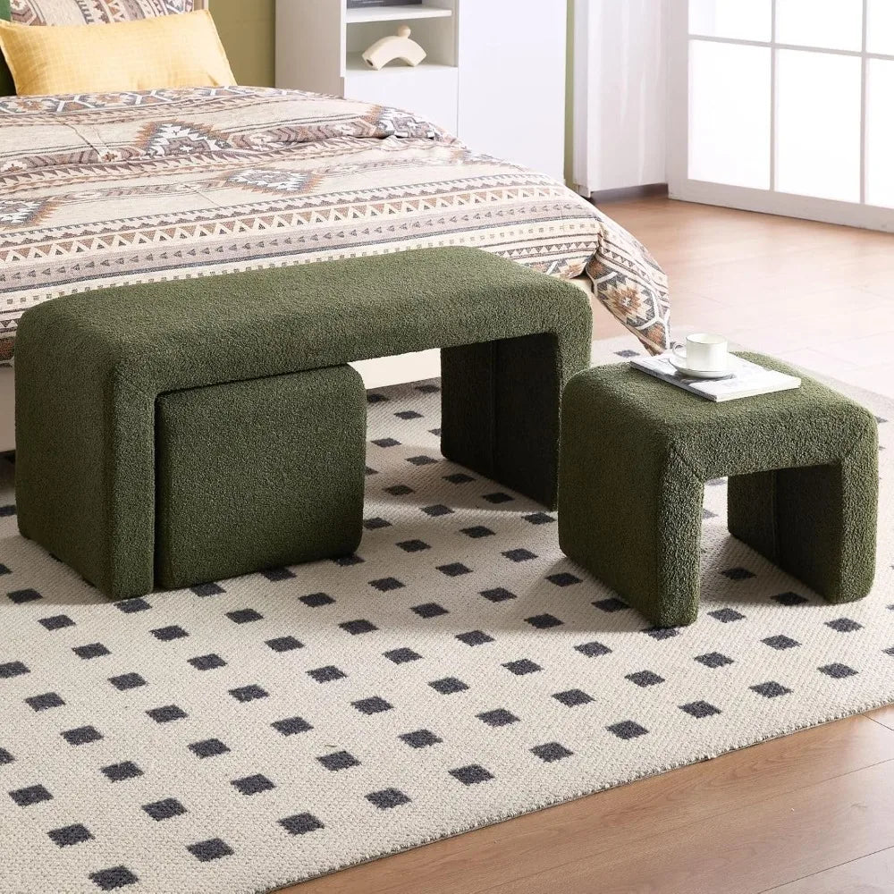 Three Piece Nesting Ottoman Bench Set Sherpa Upholstered
