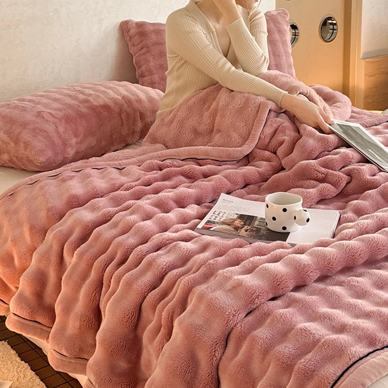 Bubble Imitation Rabbit Fur Throw Blanket Solid Double Sided Plush Blankets for Sofa Bed Spring Autumn Warm Office Nap Blanket