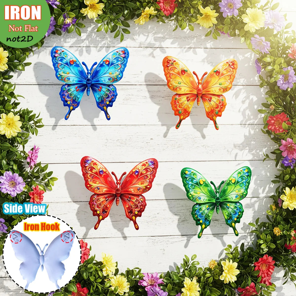 4PCS Vibrant Metal Butterfly Wall Art Decor, Rust-Resistant Outdoor Sculpture with Tool-Free Hook for Garden, Yard, Patio, Fence
