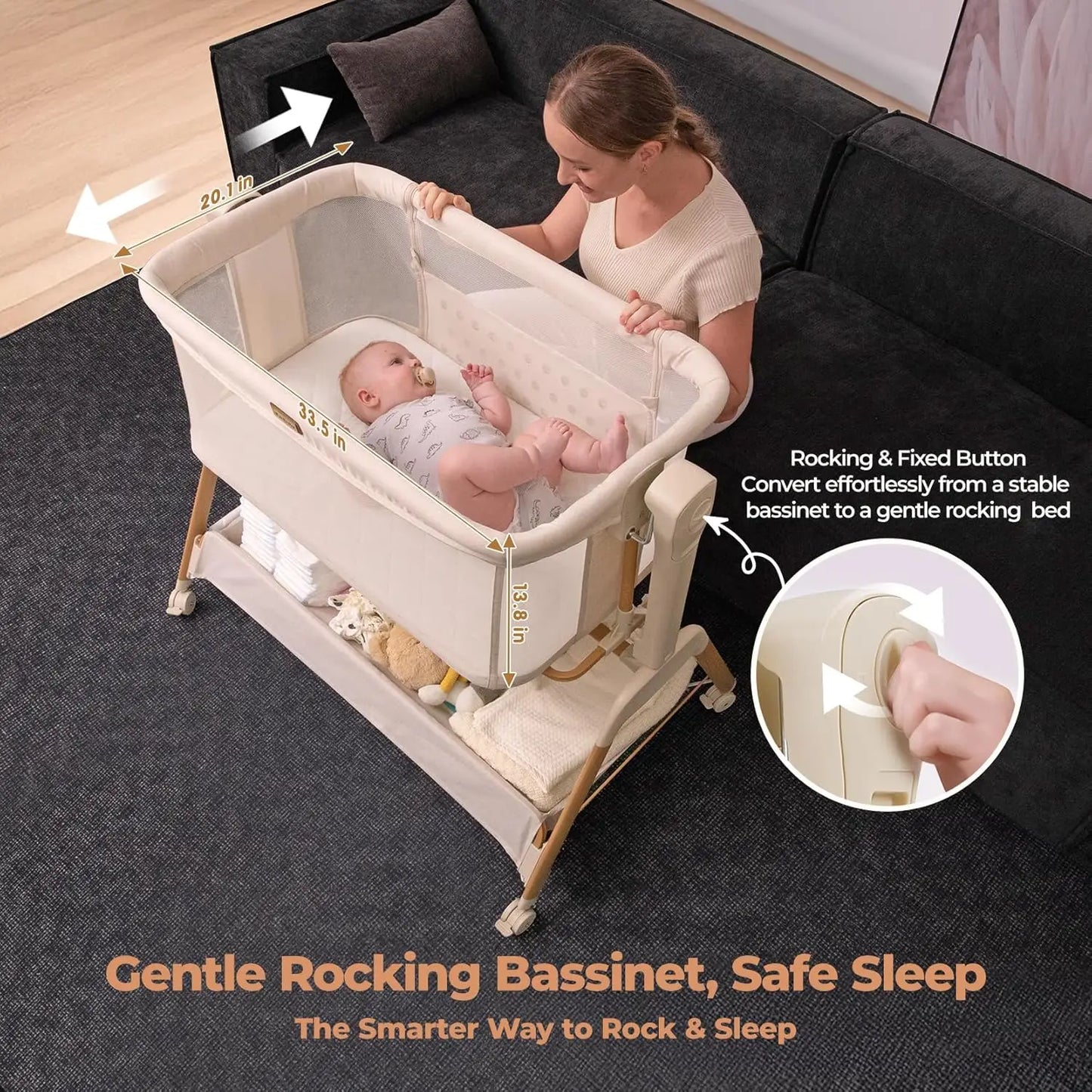 Ezebaby Baby Bassinet Bedside Sleeper: 3-in-1 Rocking Bassinet for Baby - Breathable Full-Mesh Crib with Mattress