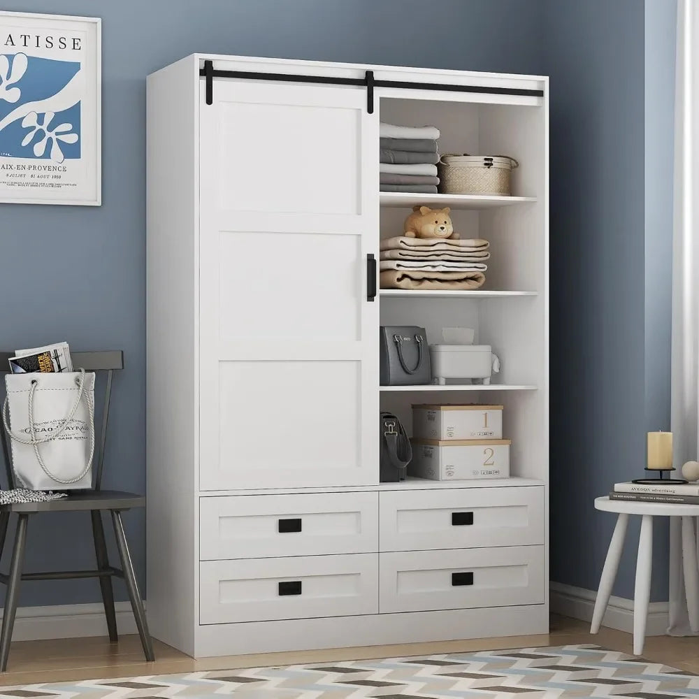 Freestanding Wooden Armoire Wardrobe With Sliding Barn Door And Drawers