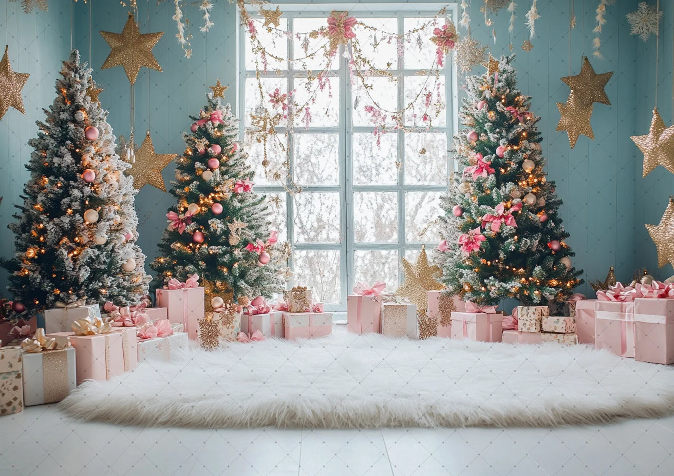 Photography Backdrop Christmas Trees Stars Newborn Birthday Portrait Window Tulle Curtains Gift Decor Photo Background