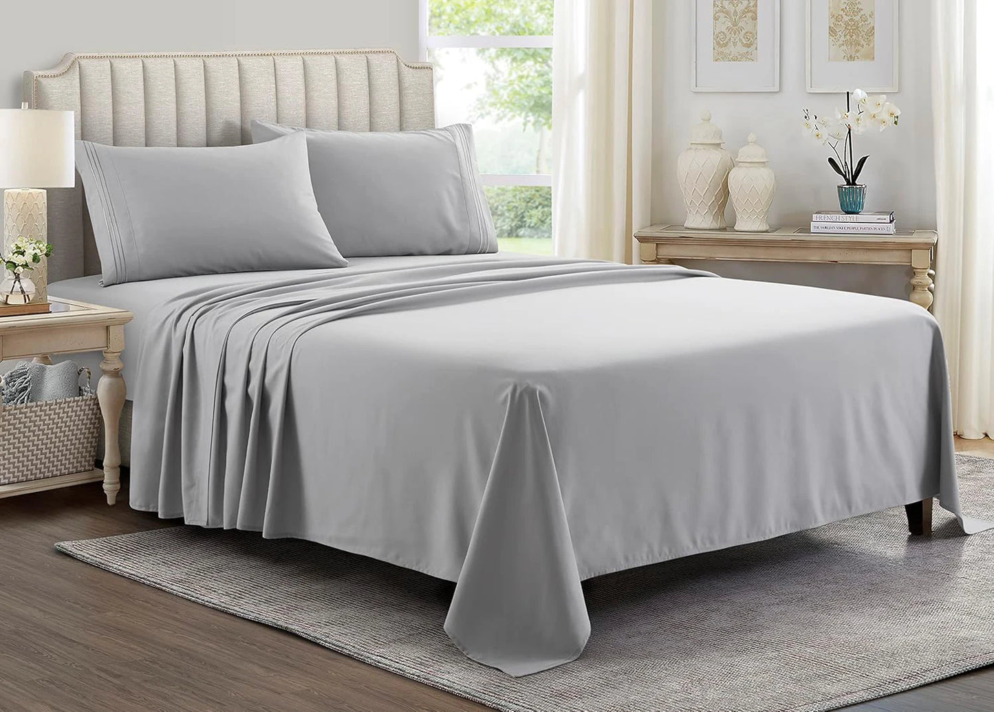 Battilo Double Bed Sheets 4Pieces Set Fitted Flat Sheet with Pillowscase Luxury Microfiber King Queen Full Twin Size Bedding Set