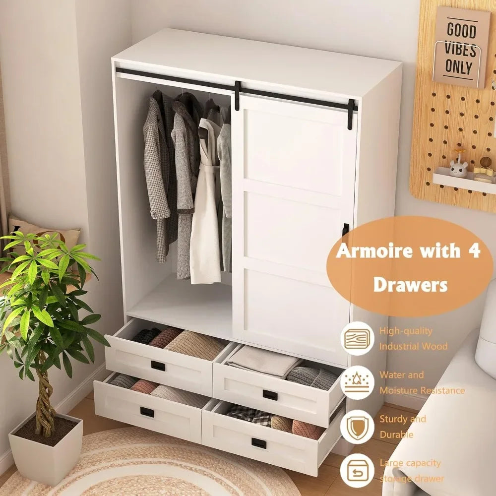 Freestanding Wooden Armoire Wardrobe With Sliding Barn Door And Drawers