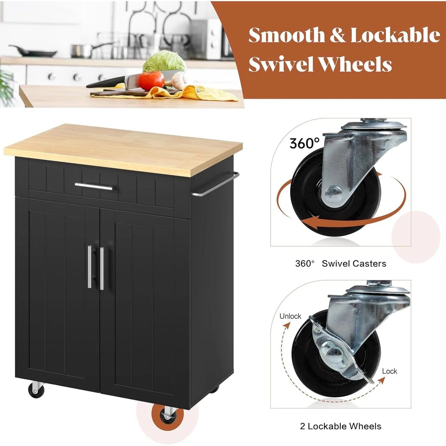 Kitchen Island On Wheels With Storage Cabinet And Drawer