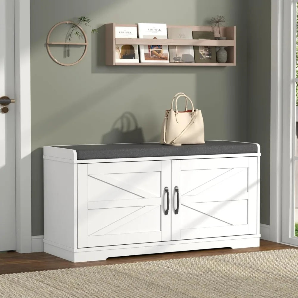 Shoe Storage Bench Two Tier Farmhouse Entryway Padded Seat