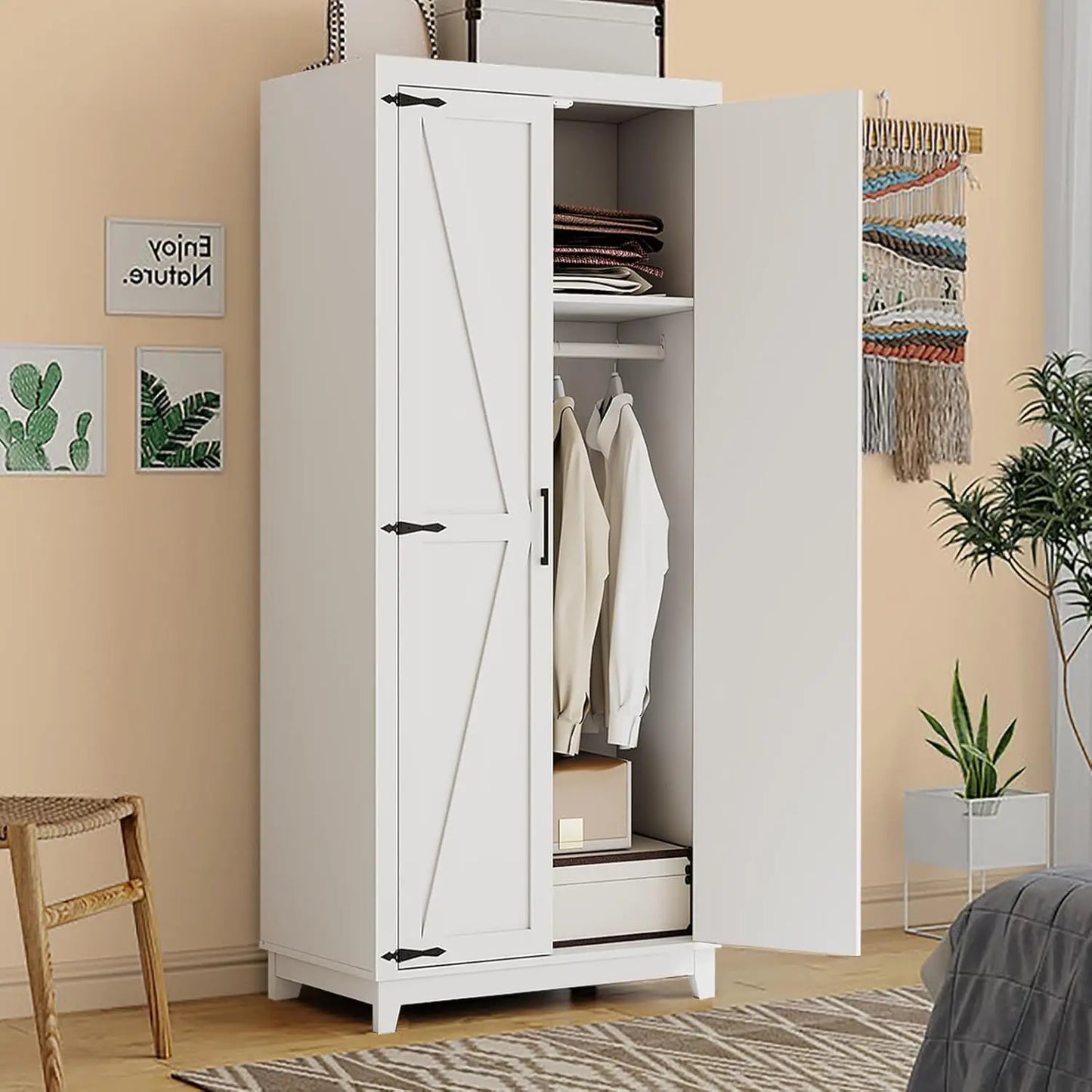 70" Tall Wardrobe Closet with Doors and Shelves, Hanging Clothes Storage Cabinet with Rods, Large Bedroom Armoire, Customized
