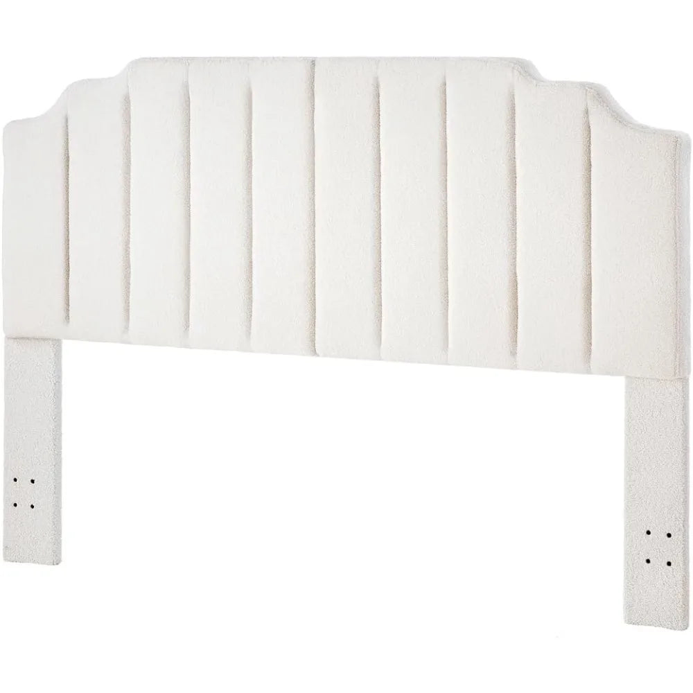 White Teddy Fabric Tufted King Upholstered Headboard, Modern Vertical Channel Design California King Headboard with Stepped Sil